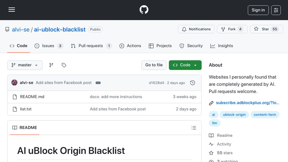 Screenshot of github.com: AI uBlock Blacklist