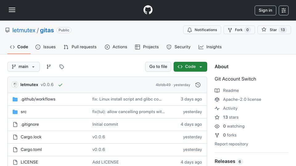 Screenshot of github.com: Gitas – A tool for Git account switching