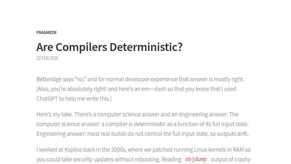 Screenshot of blog.onepatchdown.net: Are compilers deterministic?