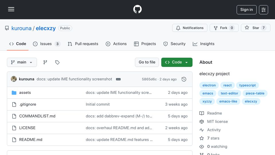 Screenshot of github.com: Show HN: Elecxzy – A lightweight, Lisp-free Emacs-like editor in Electron