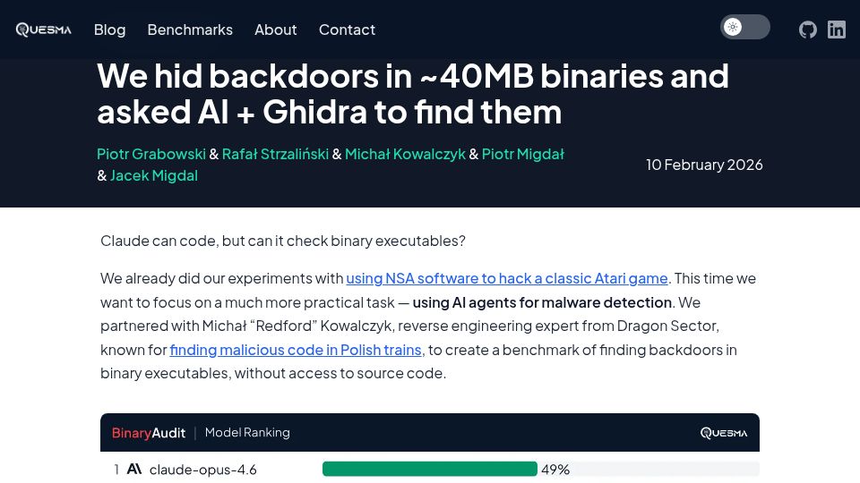 Screenshot of quesma.com: We hid backdoors in ~40MB binaries and asked AI + Ghidra to find them