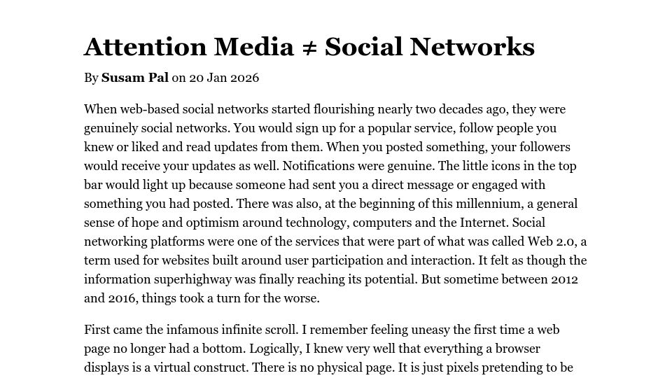Screenshot of susam.net: Attention Media ≠ Social Networks