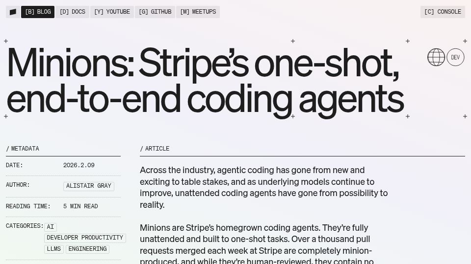 Screenshot of stripe.dev: Minions: Stripe's one-shot, end-to-end coding agents – Stripe Dot Dev Blog