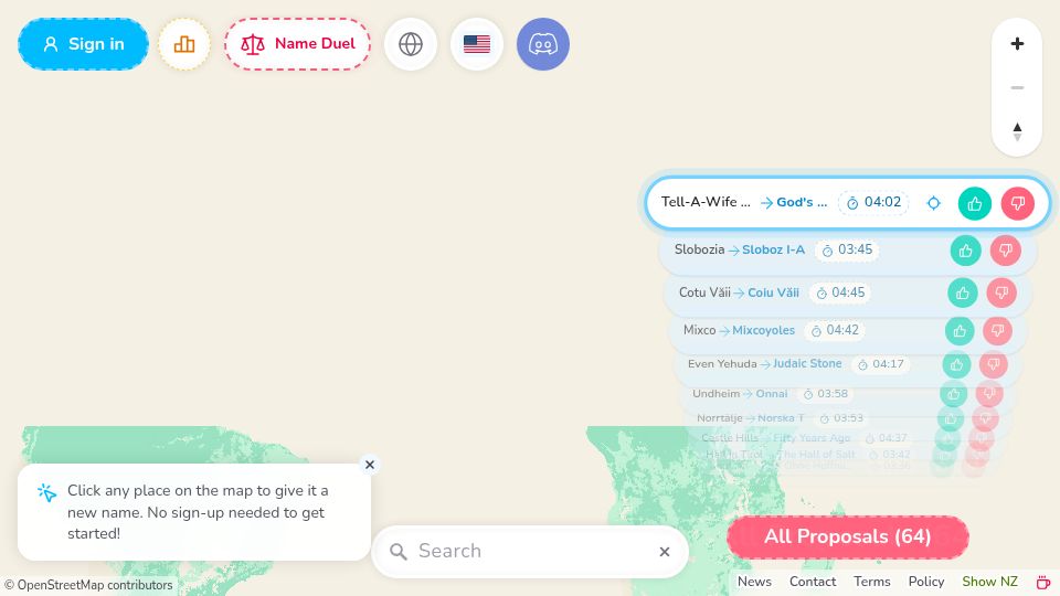 Screenshot of rename.world: I put New Zealand behind a $1 paywall