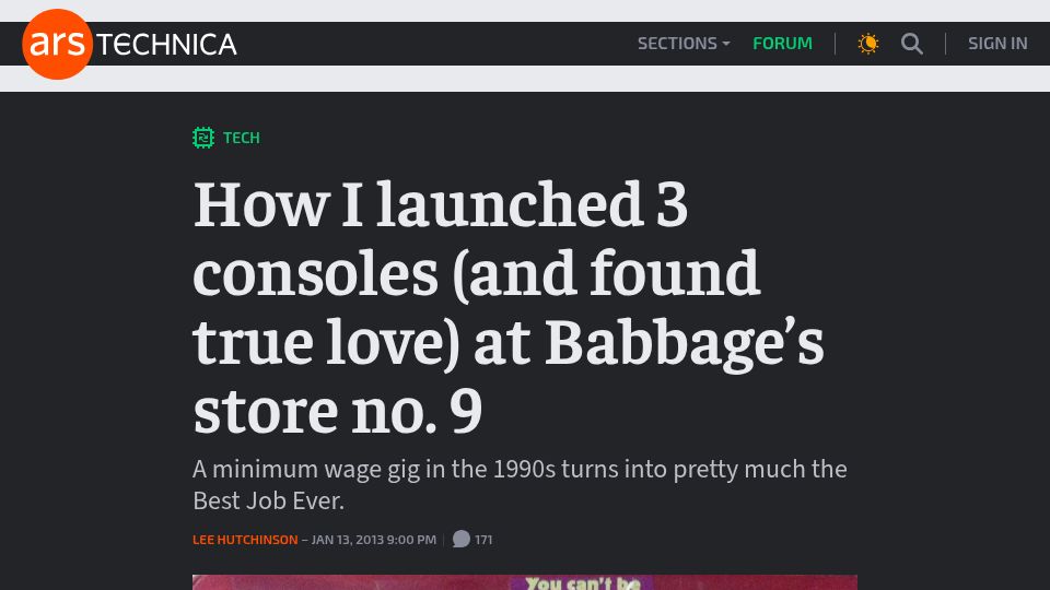 Screenshot of arstechnica.com: How I launched 3 consoles and found true love at Babbage's store no. 9 (2013)