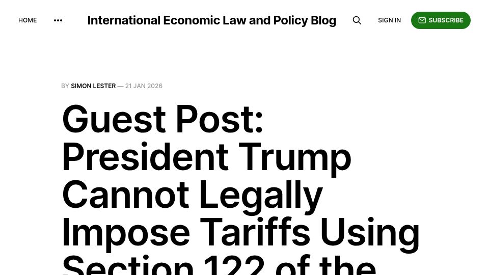 Screenshot of ielp.worldtradelaw.net: U.S. Cannot Legally Impose Tariffs Using Section 122 of the Trade Act of 1974