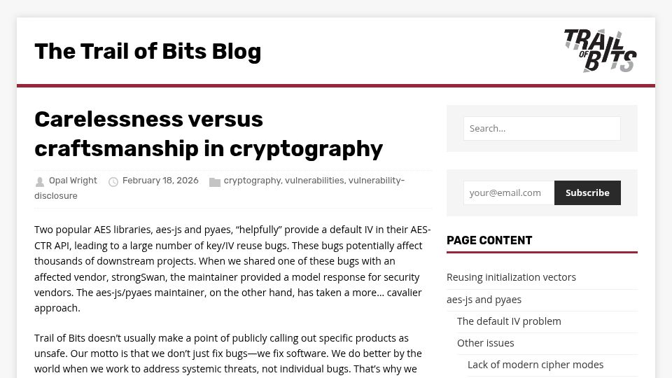 Screenshot of blog.trailofbits.com: Carelessness versus craftsmanship in cryptography