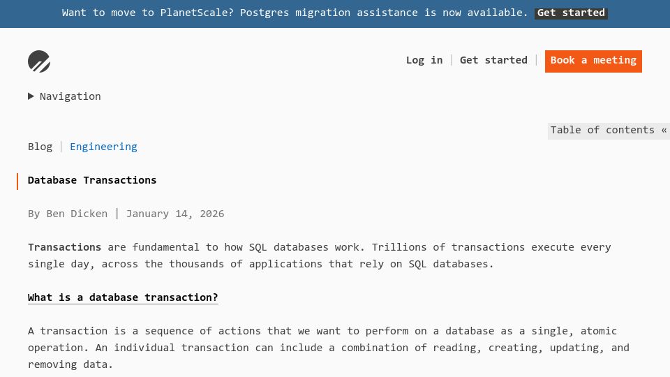 Screenshot of planetscale.com: What Is a Database Transaction?