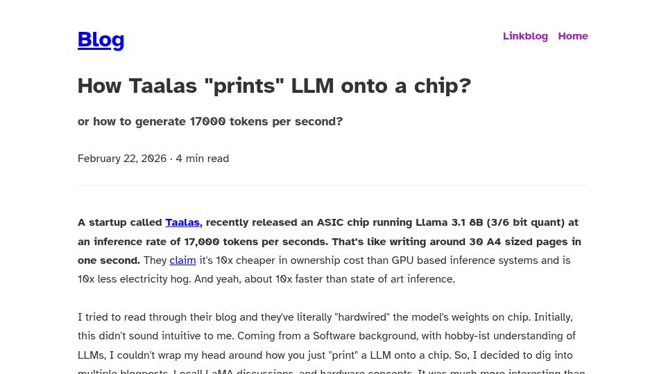 Screenshot of anuragk.com: How Taalas “prints” LLM onto a chip?