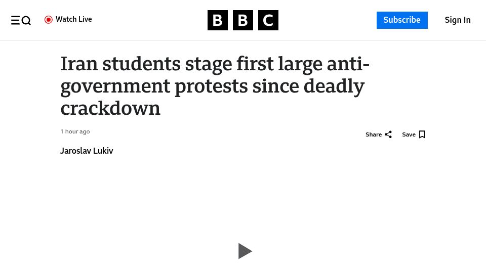 Screenshot of bbc.com: Iran students stage first large anti-government protests since deadly crackdown