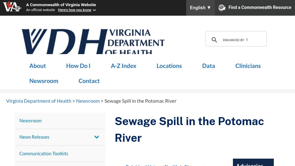 Screenshot of vdh.virginia.gov: Sewage Spill in the Potomac River