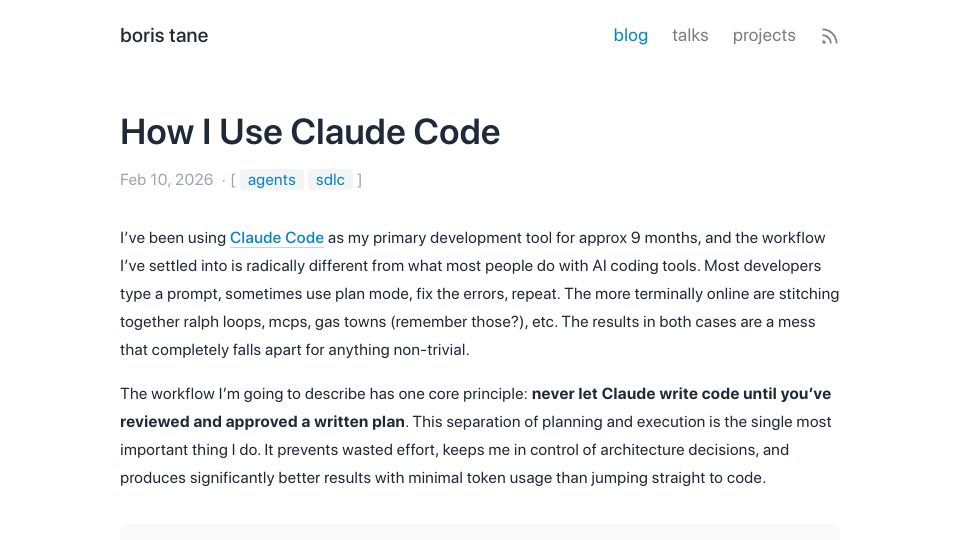 Screenshot of boristane.com: How I use Claude Code: Separation of planning and execution