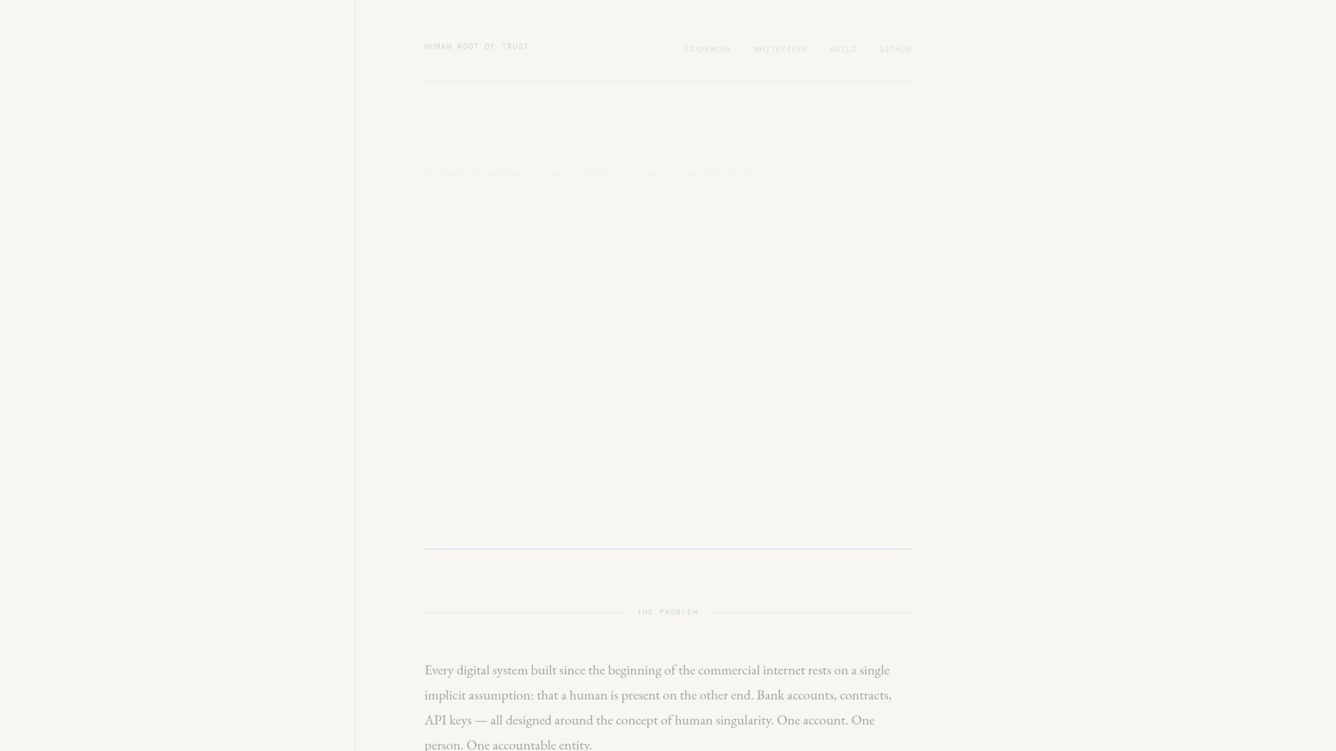 Screenshot of humanrootoftrust.org: The Human Root of Trust – public domain framework for agent accountability