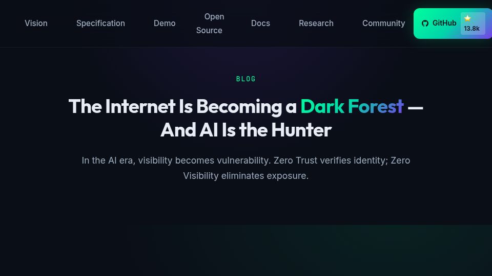 Screenshot of opennhp.org: The Internet Is Becoming a Dark Forest – and AI Is the Hunter