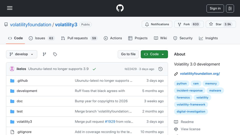 Screenshot of github.com: Volatility: The volatile memory forensic extraction framework