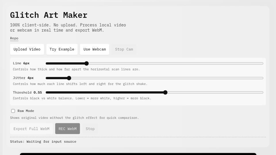 Screenshot of yuyz0112.github.io: Show HN: Minimalist Glitch Art Maker (100% client-side)