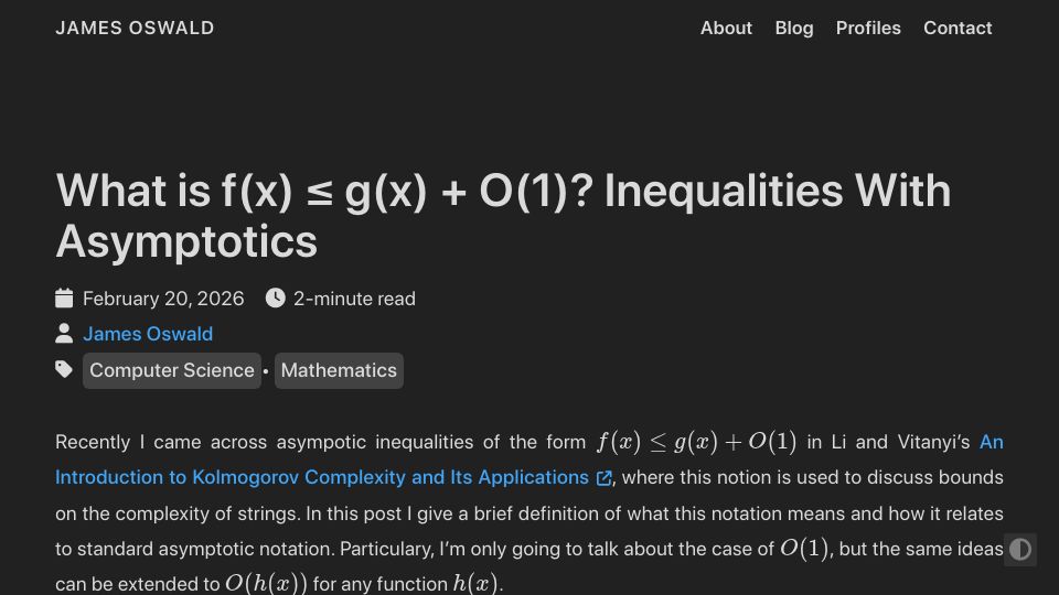 Screenshot of jamesoswald.dev: What is f(x) ≤ g(x) + O(1)? Inequalities With Asymptotics
