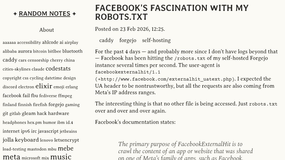 Screenshot of blog.nytsoi.net: Facebook's Fascination with My Robots.txt