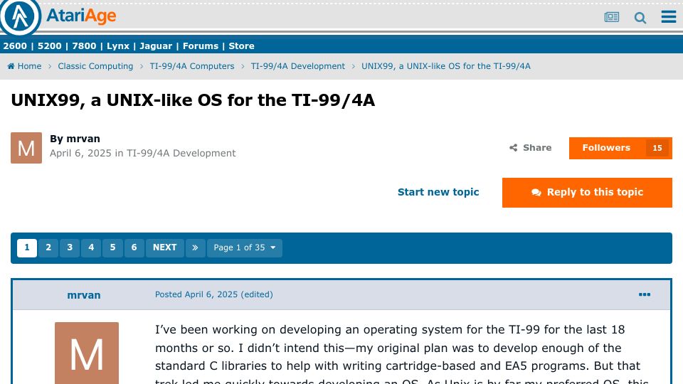 Screenshot of forums.atariage.com: UNIX99, a UNIX-like OS for the TI-99/4A (2025)