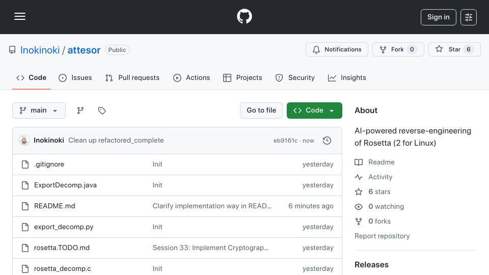 Screenshot of github.com: AI-powered reverse-engineering of Rosetta 2 (for Linux VM)