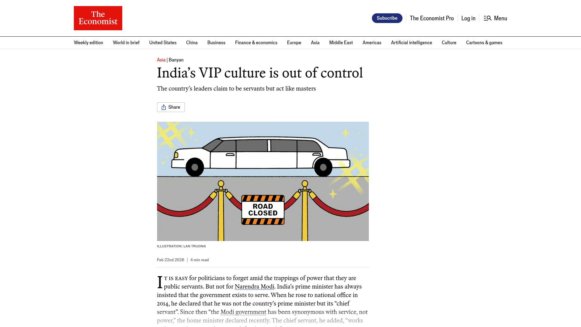 Screenshot of economist.com: India's VIP culture is out of control