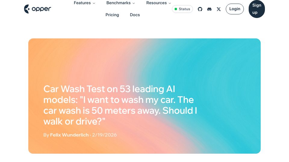 Screenshot of opper.ai: “Car Wash” test with 53 models