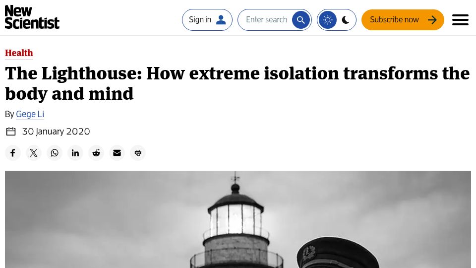 Screenshot of newscientist.com: The Lighthouse: How extreme isolation transforms the body and mind (2020)