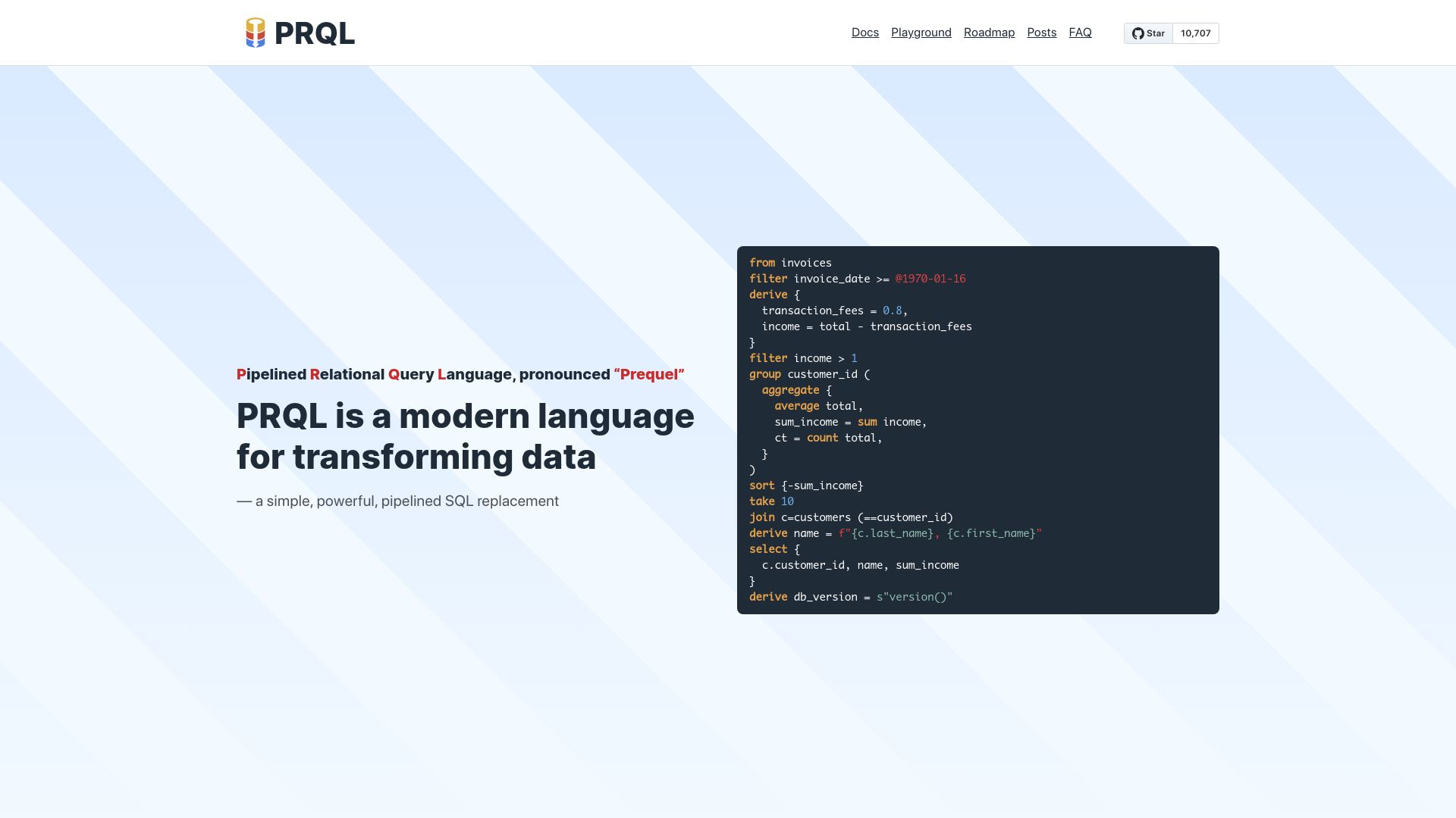 Screenshot of prql-lang.org: Pipelined Relational Query Language, Pronounced "Prequel"