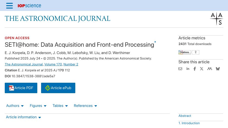 Screenshot of iopscience.iop.org: SETI@home: Data Acquisition and Front-End Processing (2025)