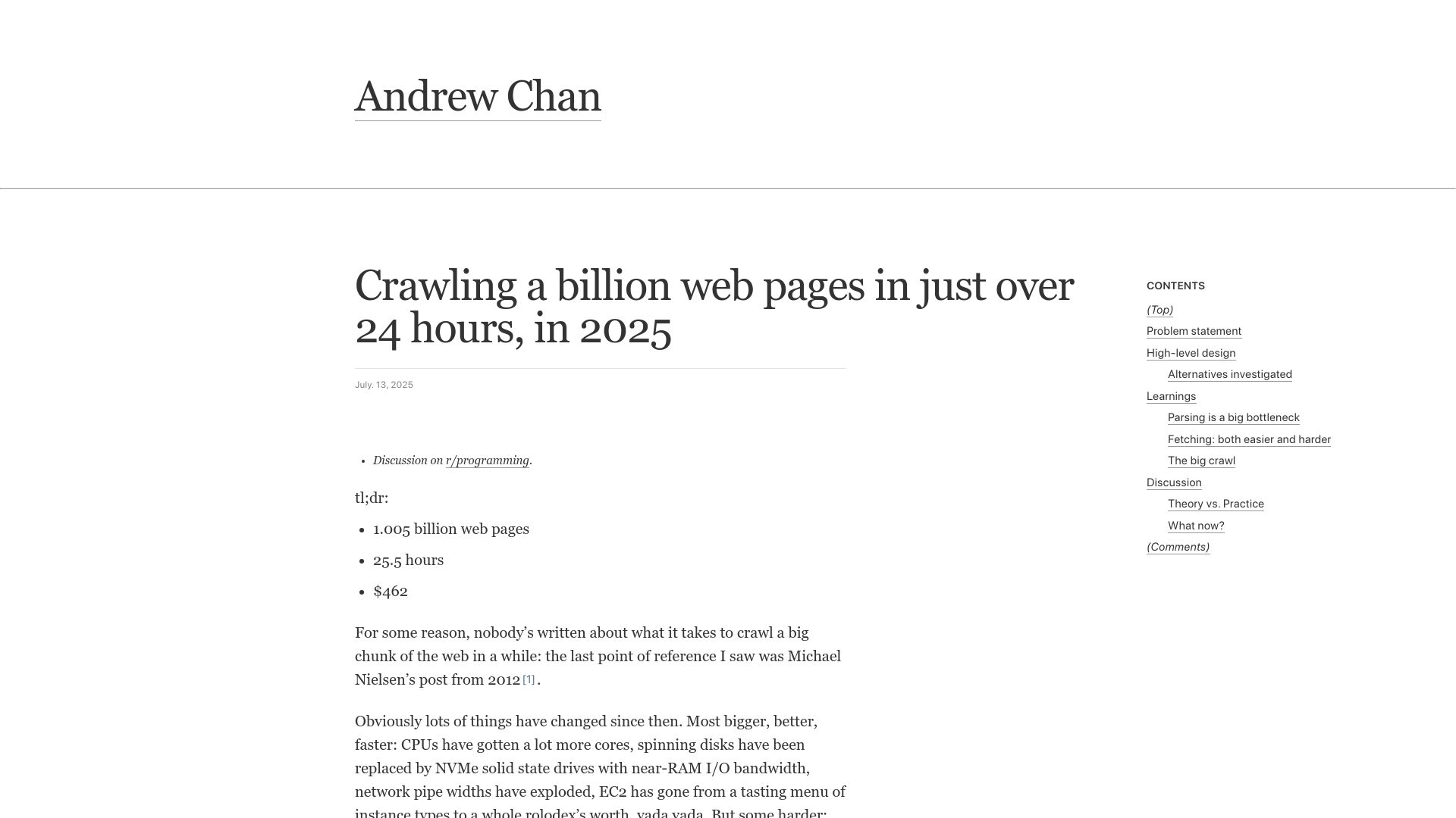 Screenshot of andrewkchan.dev: Crawling a billion web pages in just over 24 hours, in 2025