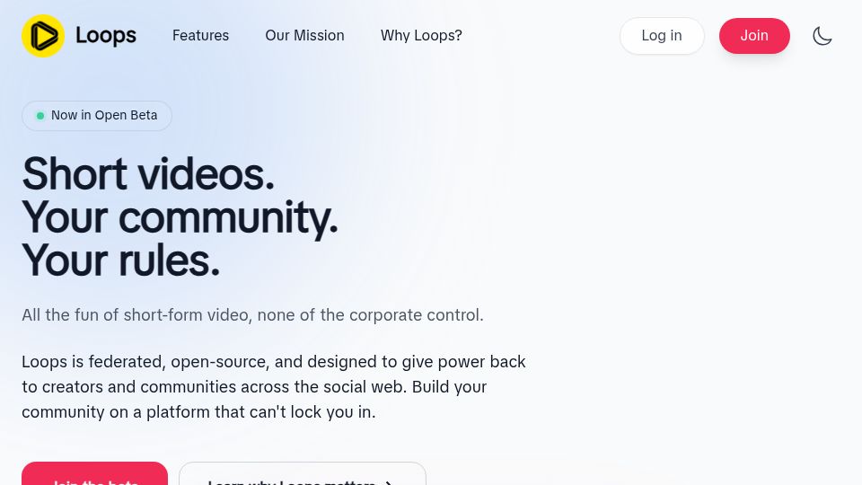 Screenshot of joinloops.org: Loops is a federated, open-source TikTok