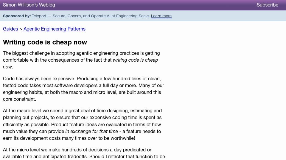 Screenshot of simonwillison.net: Writing code is cheap now