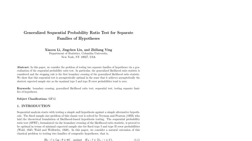 Screenshot of sites.stat.columbia.edu: Generalized Sequential Probability Ratio Test for Families of Hypotheses [pdf]