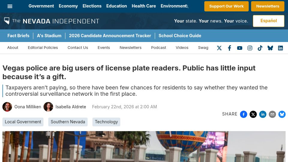 Screenshot of thenevadaindependent.com: Flock cameras gifted by Horowitz Foundation, avoiding public oversight