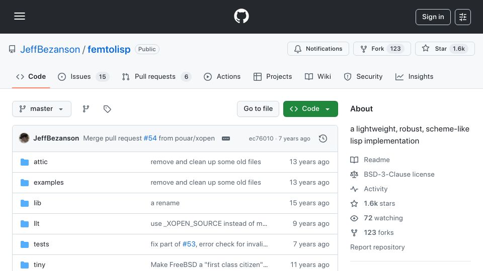 Screenshot of github.com: femtolisp: A lightweight, robust, scheme-like Lisp implementation