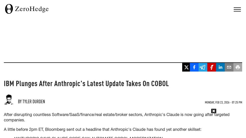 Screenshot of zerohedge.com: IBM Plunges After Anthropic's Latest Update Takes on COBOL