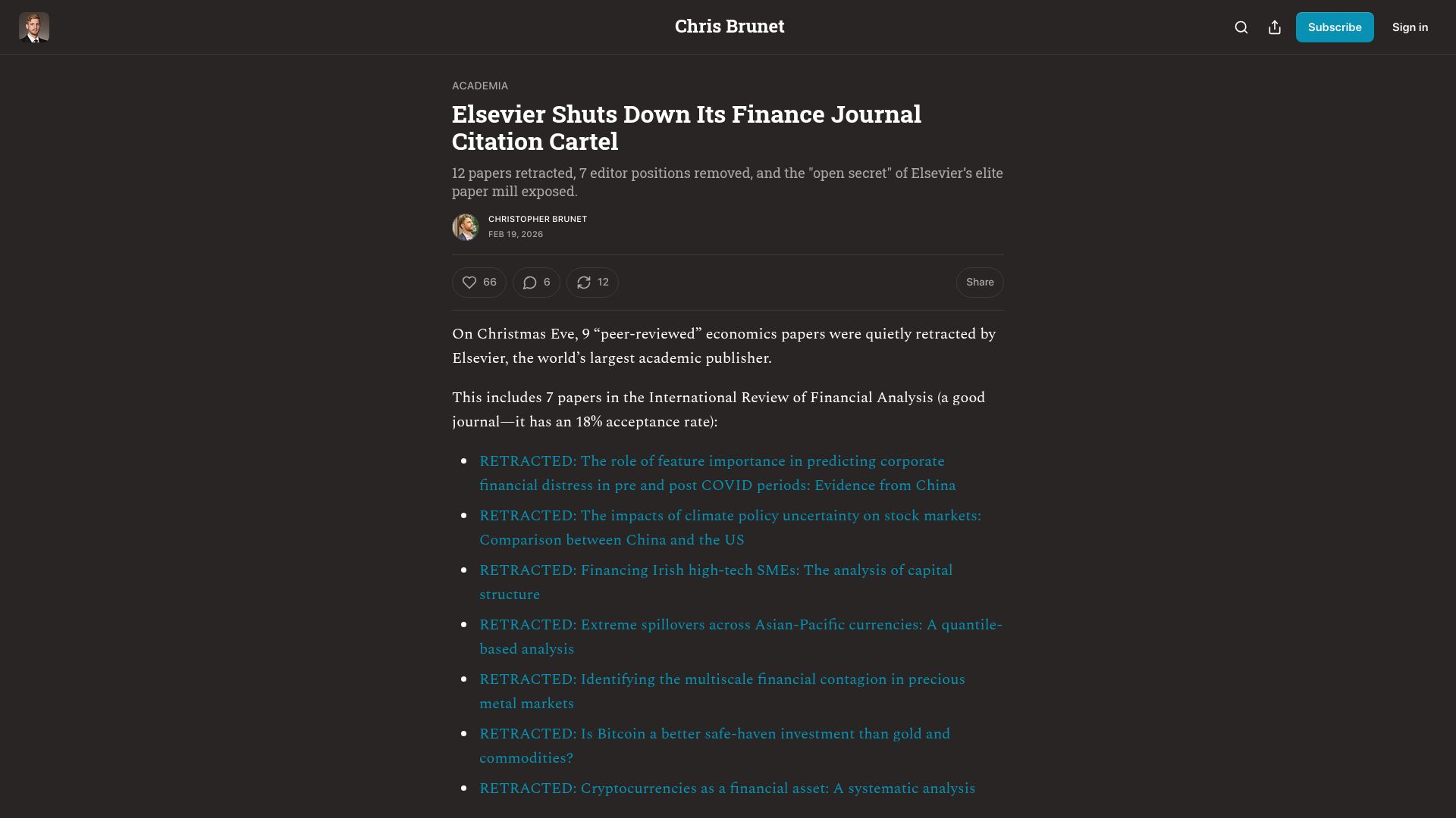 Screenshot of chrisbrunet.com: Elsevier shuts down its finance journal citation cartel