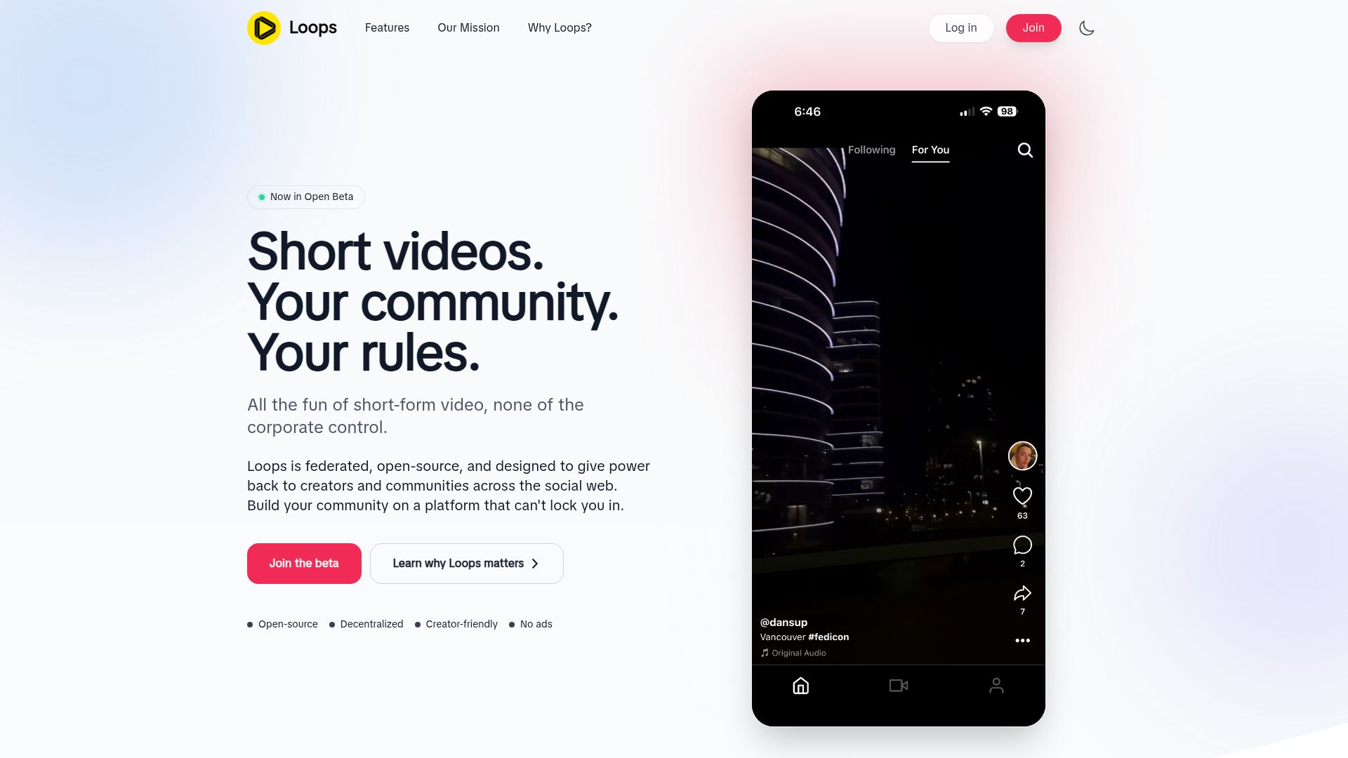 Screenshot of joinloops.org: Loops is a federated, open-source TikTok