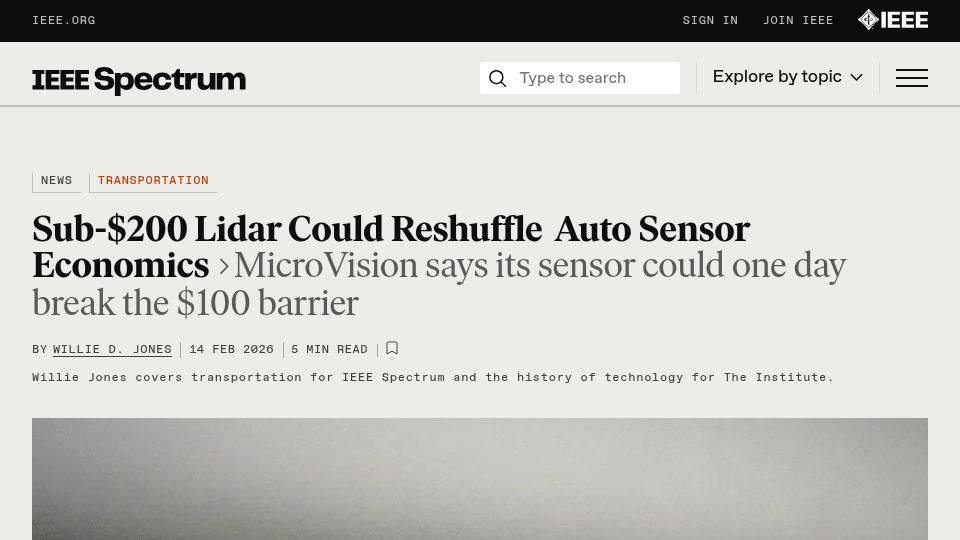 Screenshot of spectrum.ieee.org: Sub-$200 Lidar could reshuffle auto sensor economics