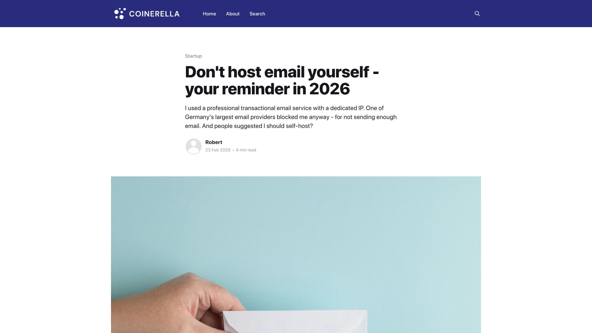 Screenshot of coinerella.com: Don't host email yourself – your reminder in 2026