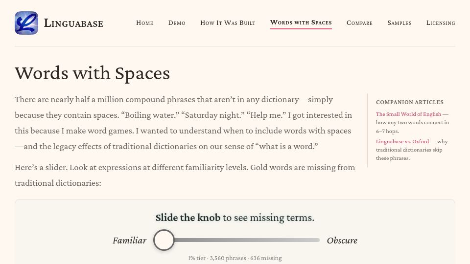 Screenshot of linguabase.org: Half million 'Words with Spaces' missing from dictionaries