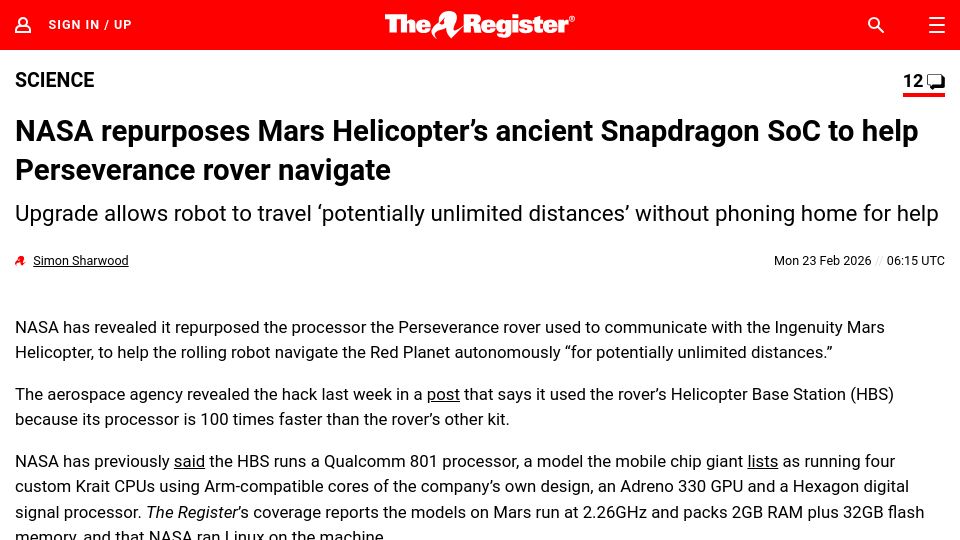 Screenshot of theregister.com: NASA uses Mars Helicopter's SoC for rover navigation upgrade