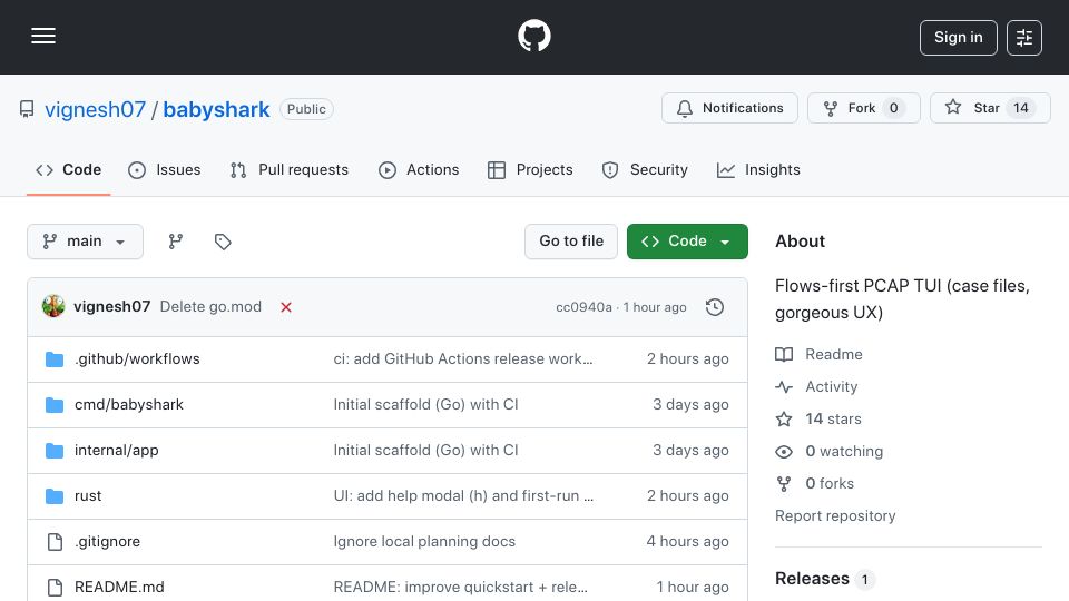 Screenshot of github.com: Show HN: Babyshark – Wireshark made easy (terminal UI for PCAPs)
