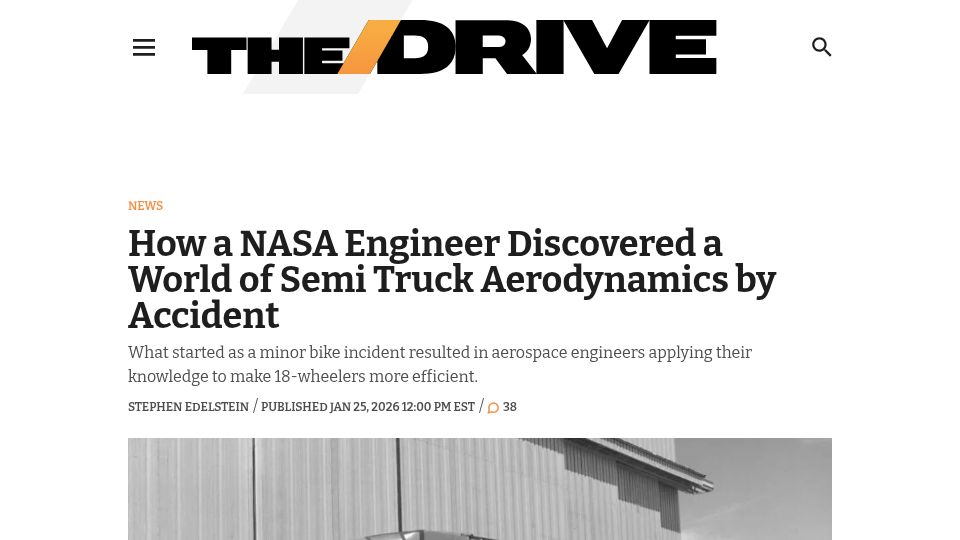 Screenshot of thedrive.com: A NASA Engineer Discovered a World of Semi Truck Aerodynamics by Accident