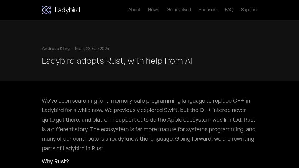 Screenshot of ladybird.org: Ladybird adopts Rust, with help from AI