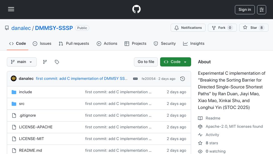 Screenshot of github.com: C99 implementation of new O(m log^(2/3) n) shortest path algorithm