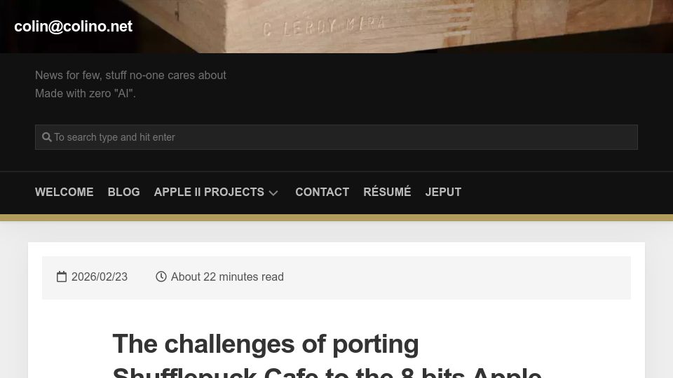Screenshot of colino.net: The challenges of porting Shufflepuck Cafe to the 8 bits Apple II