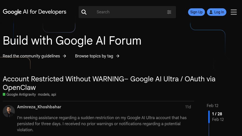 Screenshot of discuss.ai.google.dev: Google restricting Google AI Pro/Ultra subscribers for using OpenClaw