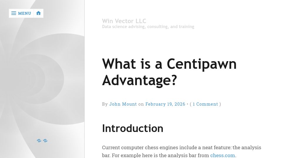 Screenshot of win-vector.com: What Is a Centipawn Advantage?