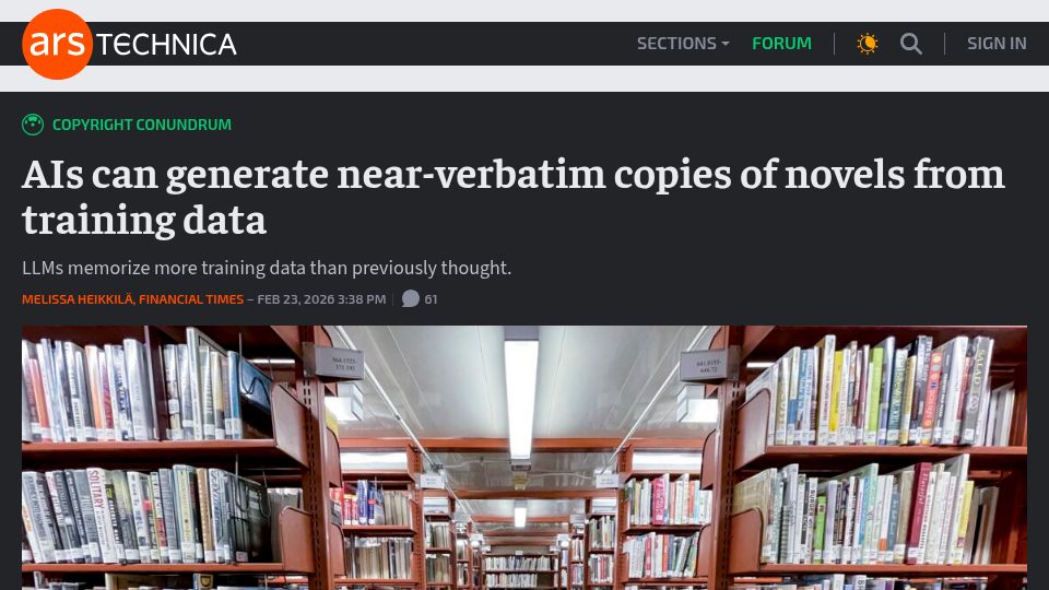Screenshot of arstechnica.com: AIs can generate near-verbatim copies of novels from training data
